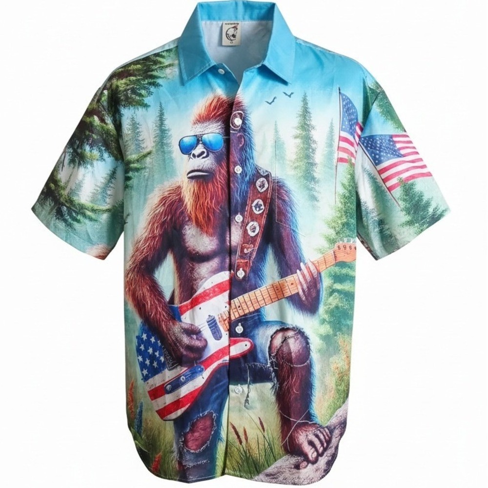 Hardaddy Mens M Bigfoot Guitar American Flag Aloha Shirt Short Sleeve NWT‎